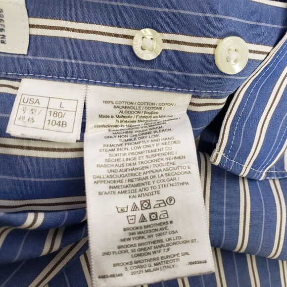 Brooks Brothers Men Shirt Large Regent Blue White Striped Non Iron Supima Cotton - Picture 9 of 10